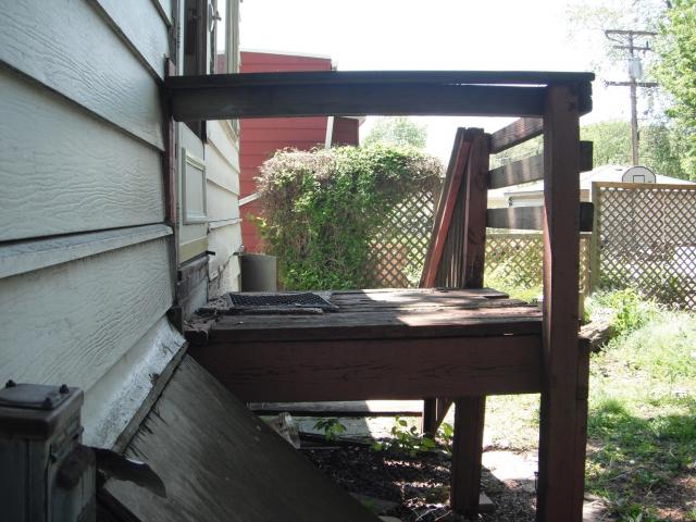 Very poor and unsafe porch. Needs replacing for safety reasons. "Frankfort Home Inspection Photos"