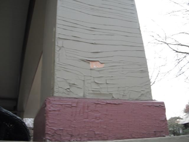 The exterior trim and wood columns have severly peeling paint. Possibly lead paint. "River Forest Home Inspection Photos"